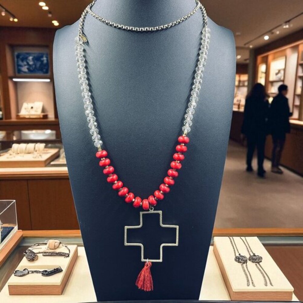 Boho Red Beaded Cross Pendant Necklace Long Crystal Chain Gold Tone Tassel‎